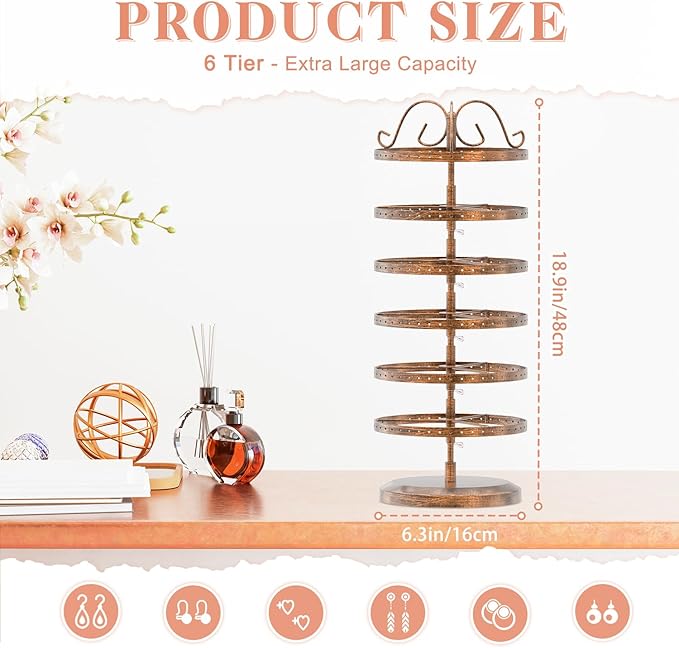 iDavosic.ly 6 Tier Metal Rotating Earring Holder Organizer, 264 Holes Large Stud Storage Display Stands Tree Rack, Adjustable Pierced Hoop Dangle Tower for Women, Bronze
