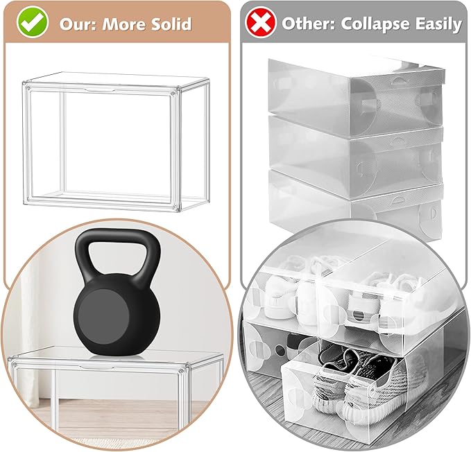6 Pack Clear Shoe Boxes Sneaker Storage Organizer Box for Closet Stackable Handbag Organizer Acrylic Display Shoes Case with Lid Storage Box for Boots,Book,Collectibles,Figures,Shoes,Cosmetic,Size 14