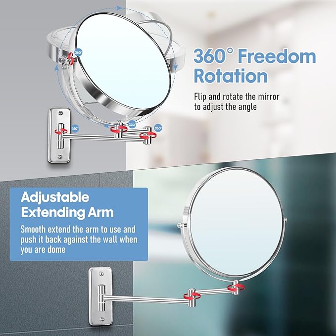 Large Size 9-in Wall Mounted Magnifying Makeup Mirror 1X/10X Magnification,Extendable Bathroom Mirrors Wall Mount Vanity Mirror for Shaving,12-in Folding Arm,Flexible Adjustable,Space-Saving,No Light