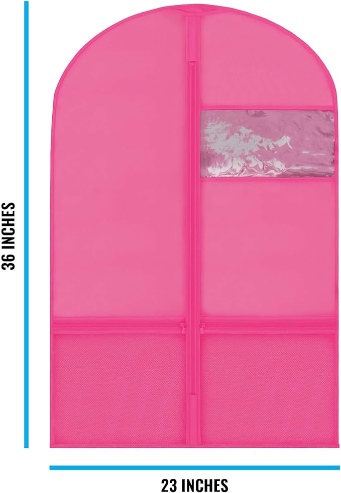 Plixio Garment Bags for Kids Dance Costumes with Transparent Window and Zippered Mesh Pockets for Shoes and Accessory Storage (3 Pack) (Pink: 36" x 23")