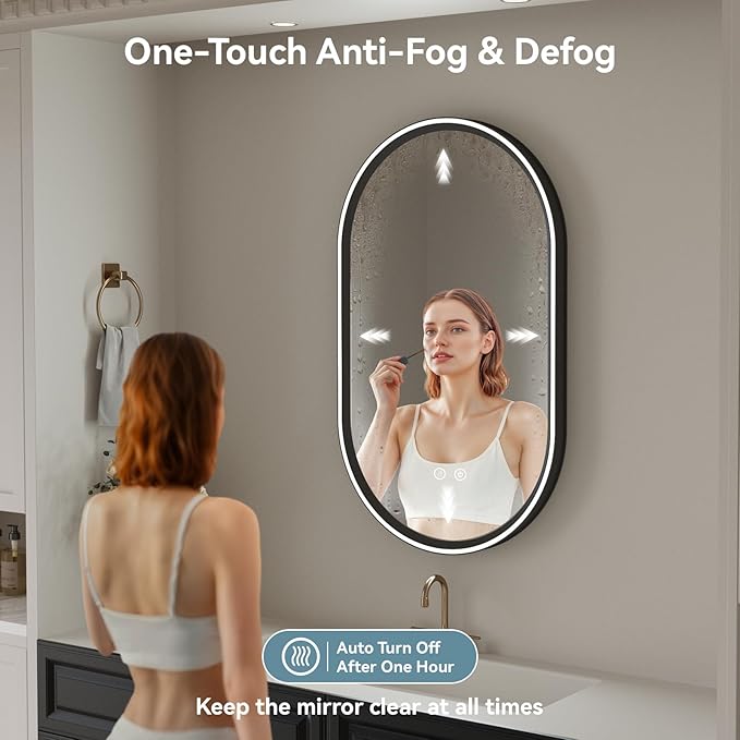 Led Bathroom Mirror with Lights, 24'' x 40'' Oval Heavy Duty Aluminum Frame Bathroom Vanity Mirror with Lights, 3 Colors, Brightness Stepless Dimmable, Anti-Fog, Memory Function, Single LED Black