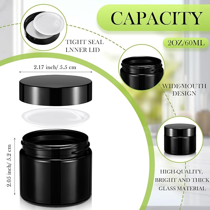 Domensi 90 Pcs 2 oz Glass Jars with Lids Travel Size Round Leakproof Empty Cosmetic Jars with Inner Liners Lid for Storing Makeup Lotions Face Cream Ointments Candle DIY Making (Black)