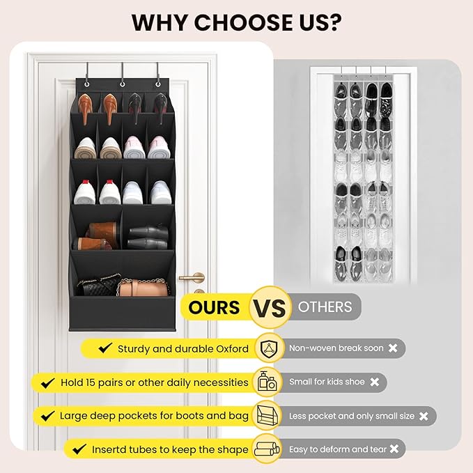 Over the Door Shoe Rack with Large Deep Pockets, Door Shoes Organizer for Closet, Hanging Boots Shoe Rack, Behind the Door Narrow Shoe Holder, Multiple Pockets for Flexible Storage, Black ﻿