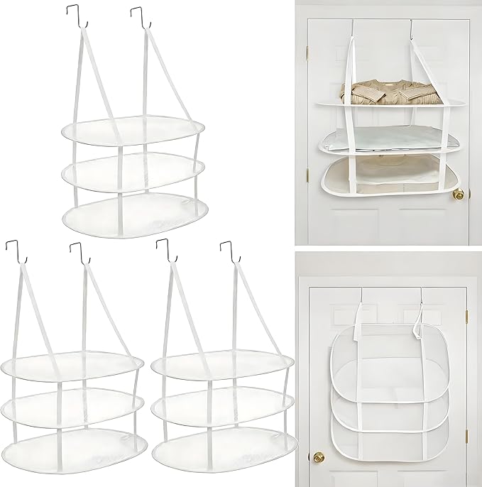 SAMJANE Sweater Drying Rack Hanging – Lay-Flat Warp-Knit Airflow Mesh for Delicates, 3-Tier Foldable Space-Saving Door-Hanging Design for Fast Drying & No Deformation in Small Spaces (White- 3 Pack)