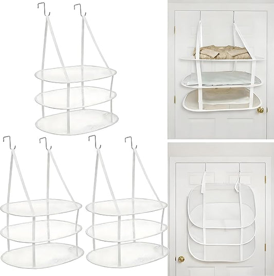 SAMJANE Sweater Drying Rack Hanging – Lay-Flat Warp-Knit Airflow Mesh for Delicates, 3-Tier Foldable Space-Saving Door-Hanging Design for Fast Drying & No Deformation in Small Spaces (White- 3 Pack)