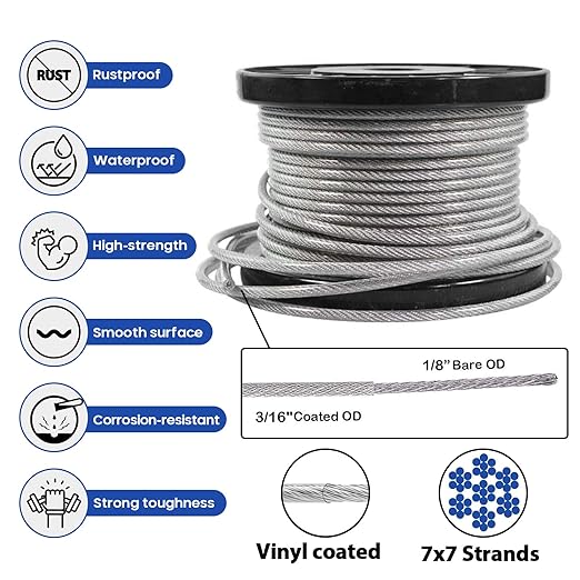 TooTaci 3/16 Wire Rope Kit, 200ft Vinyl Coated Stainless Steel Cable(1/8 Steel Core Overmolded to 3/16 Coated Cable), M6 Turnbuckles for Cables Wire, String Light Hanging, Deck Railing, Shade Sail