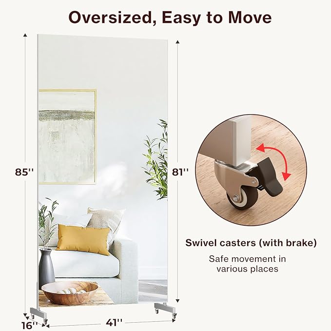 81" x 41" Standing Mirror Full Length with Wheels, Large Glassless Rolling Mirrors with Brakes, Shatterproof HD Imaging Thin Frame Full Body Mirror for Dance Studio/Home Gym, Silver