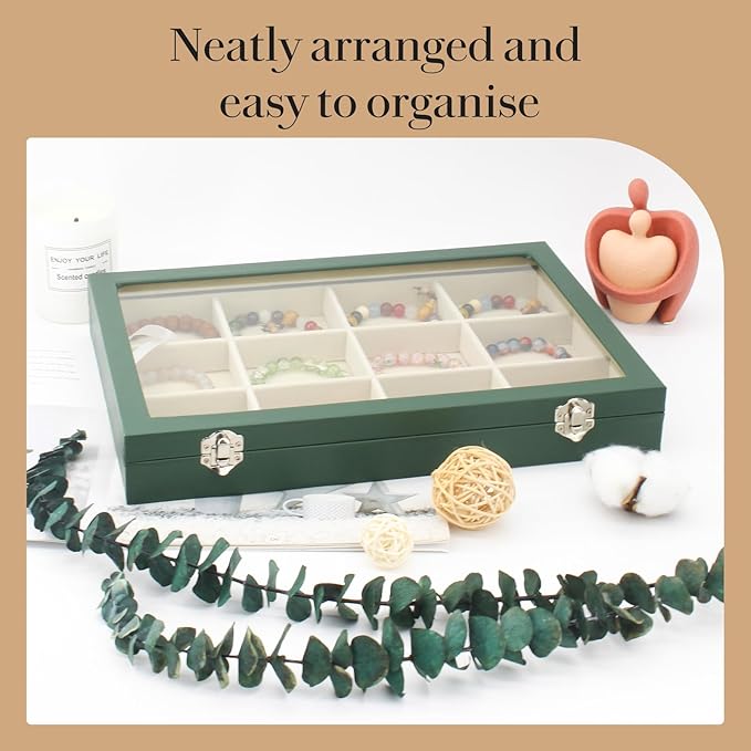 KOOAAICCHI Jewelry Tray Organizer with Clear Lid - 12 Grid Storage Display Case with Lock Earring Ring Organizer Showcase Gifts for Women-Green