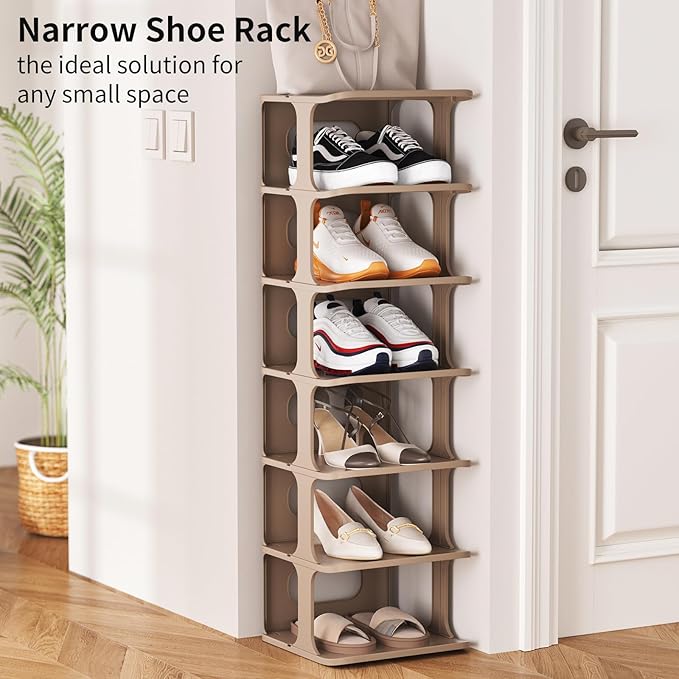 HAIXIN Small Shoe Rack for Closet, 5-Tier Stackable Shoe Organizer for Front Door Entrance, Plastic Vertical Shoe Cubby - Khaki