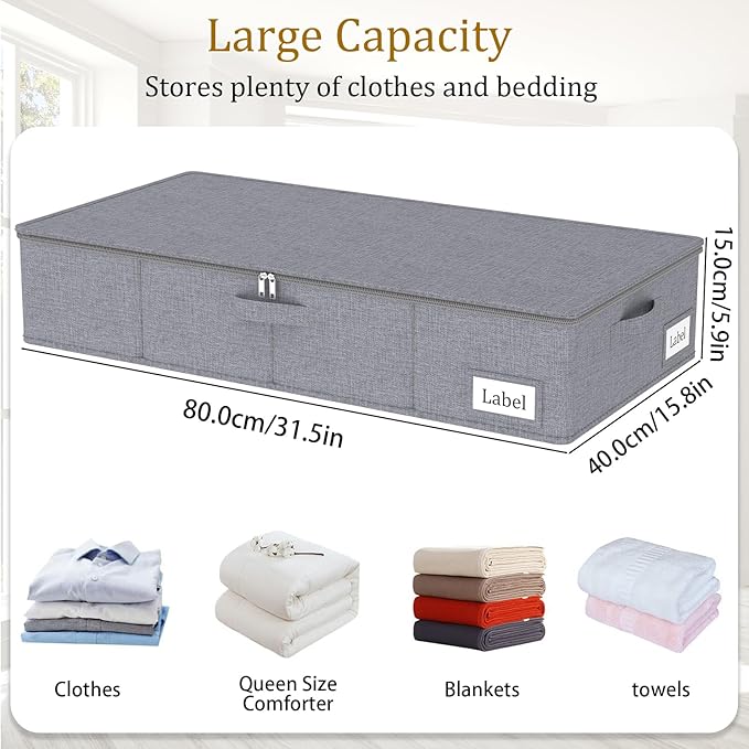 Yawinhe Foldable Underbed Storage Bags, Containers Bin with Lids, Large Under Bed Organizer Box, with Sturdy Zipper und Label Holders, for Clothing, 31.5''Lx15.7''Wx6''H, 4 Pack, Grey