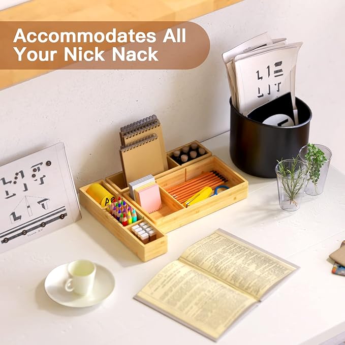 Bamboo Drawer Organizer 12.5'' X 12.5'' X 2'', Adjustable 3 Individual Junk Drawer organizer for Bathroom and Kitchen, Wood Drawer Tea Organier Boxes for Silverware, Make up and Tea Bag