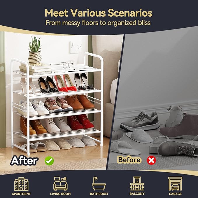 4-Tier Stackable Shoe Rack, Metal Shoe Shelf Storage Organizer,White