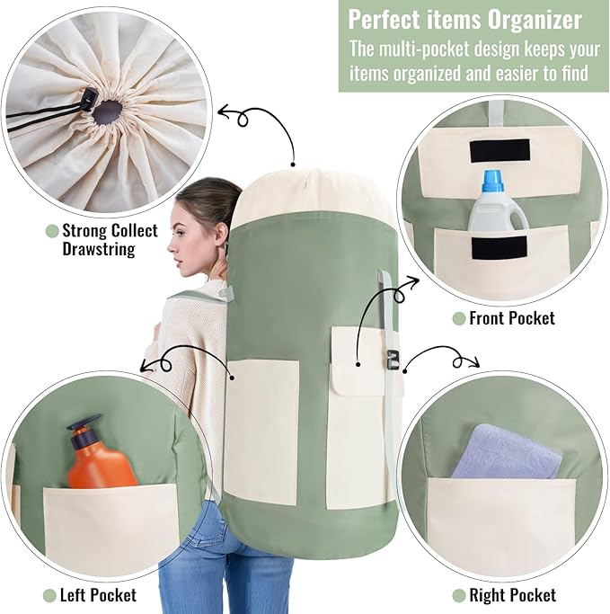 Laundry Bag Backpack, 125L Extra Large Laundry Backpack with Shoulder Straps, Adjustable Extendable Laundry Hamper Bag with 3 Pockets for College, Travel, Camping (Green)