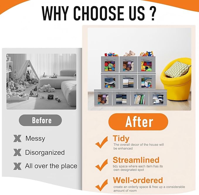 10 Pcs Fabric Storage Cube with Lid 11x11 Inch Fabric Storage Bins with Window Handle Collapsible Cube Organizer Basket for Shelves Closet Bedroom Office Clothes Book Stuffs (Light Gray)