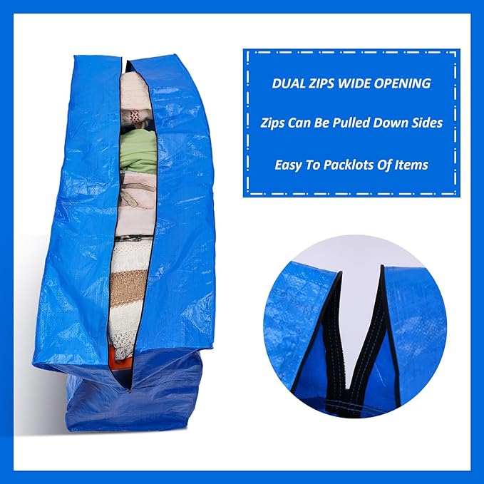 Windyun 6 Pack 69 Gallon Extra Large Moving Bags XXL Heavy Duty Storage Bag with Strong Zipper Handle Jumbo Big Tote Box Foldable for College Dorm Travel Clothes Duffle Blanket Pillow(Blue)