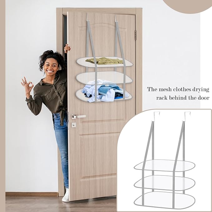 2 Pack 3 Tier Over The Door Folding Drying Rack Sweater Drying Rack 26.5" x 34.5" Flat Room Organization Dryer Racks for Laundry Perfect for Small Spaces Apartments Dorm Rooms and Bathrooms (Grey)