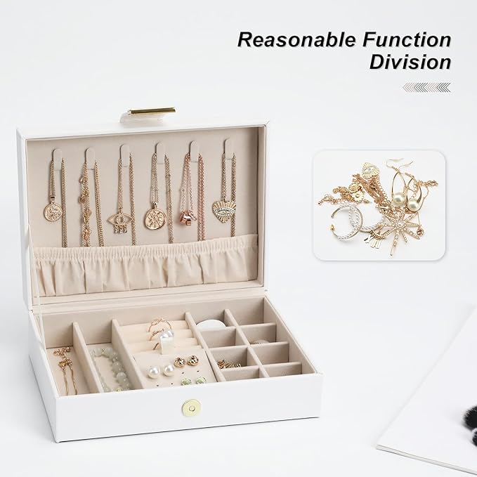 Jewelry Box Travel Jewelry Case Anti-Tarnish Single Layer Organizer for Rings, Earrings, Pendants, Necklaces Compact for Home Storage White