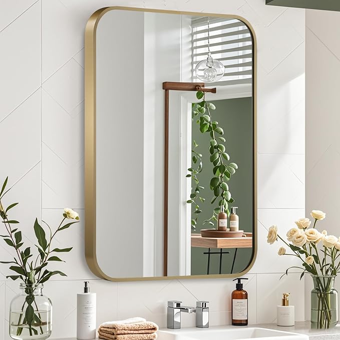 Gold Mirror, 30x36 Inch Framed Rectangle Mirror with Rounded Corner, Brushed Brass Mirror, Gold Bathroom Mirror for Over Sink, Vanity, Living Room, Bedroom, Horizontal/Vertical