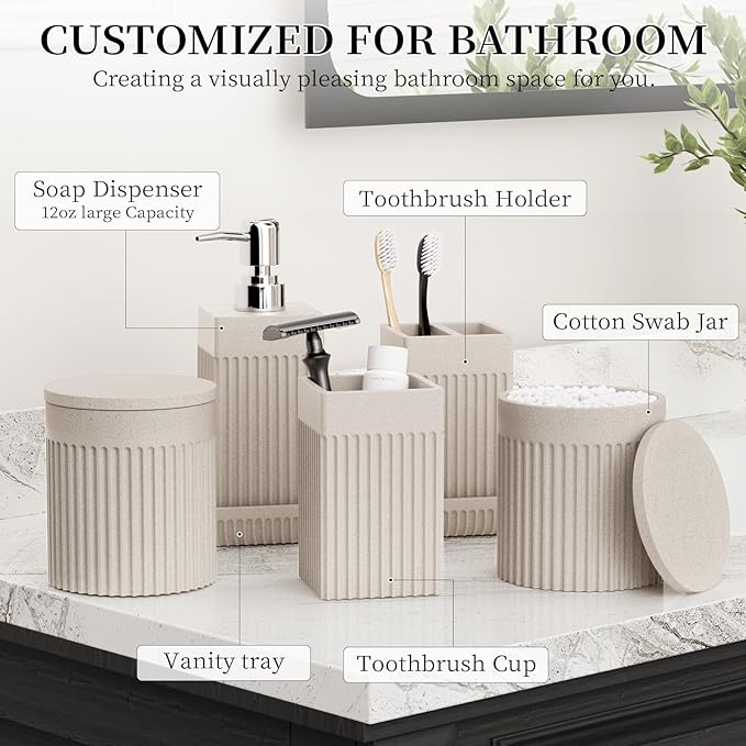 6-Piece Beige Bathroom Set - Sleek Resin Bathroom Accessories Set with Soap Dispenser, Toothbrush Holder, Vanity Tray, Tumbler & Apothecary Jars for Small Spaces