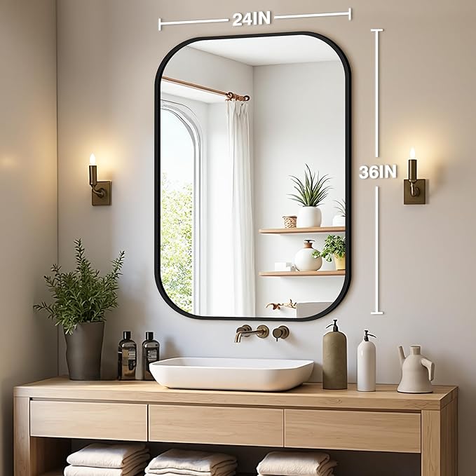 Bathroom Mirror for Wall, Black Bathroom Vanity Mirror for Over Sink 24 x 36, HD Reflection Shatterproof Mirror for Living Room Bedroom Entryway, Metal Frame Rectangular Shape
