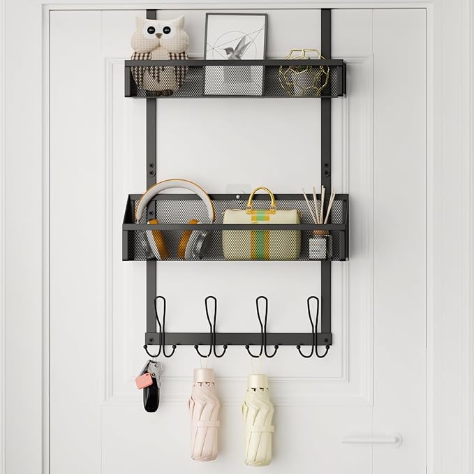 Over The Door Hooks Organizer, Over The Door Shower Caddy, Over The Door Towel Rack Back of Storage with 12 Hooks & 2 Mesh Baskets Door Hanger Organizer for Bathroom,Kitchen,Bedroom(Black)