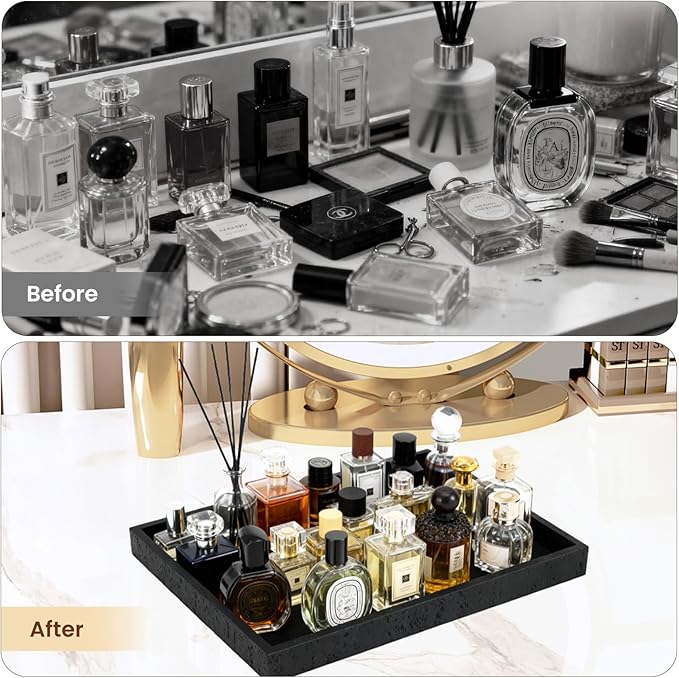 Artificial Travertine Tray, 12"x8" Perfume Tray for Bathroom Counter, Vanity, Home Organizer, Decorative Marble Trays for Perfume, Jewelry, Candles, Coffee, Rectangle, Black