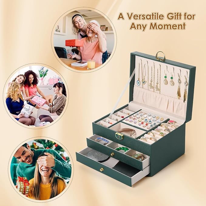 3 Layer Jewelry Box, Jewelry Holder Organizer with 2 Drawer Tray, Large boxes for Women Velvet Earring Organizer, Lockable & Organizers, Birthday Gifts for Women Mom, Green
