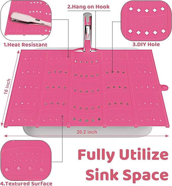 Bathroom Sink Cover for Counter Space, Foldable Silicone Sink Mat Makeup Organizer Mat Space Saver, Women’s Gifts for Valentines RV Camper Travel Must Haves Accessories, Pink