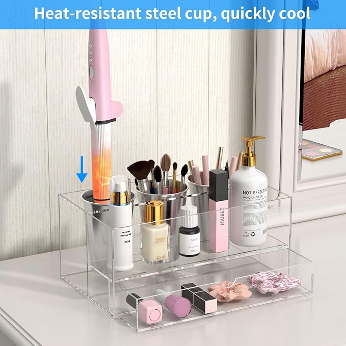 NIUBEE Hair Tool Organizer, Clear Acrylic Hair Dryer and Styling Organizer with Drawer, Bathroom Countertop Blow Dryer Holder, Vanity Caddy Storage Stand for Accessories, Makeup, Toiletries