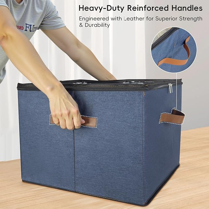 2-Pack Shoe Storage Organizer for Closet - Large Capacity Fits 16-32 Pairs, Clear Cover with Reinforced Handles, Adjustable Dividers, Dustproof Stackable Containers, Navy Blue