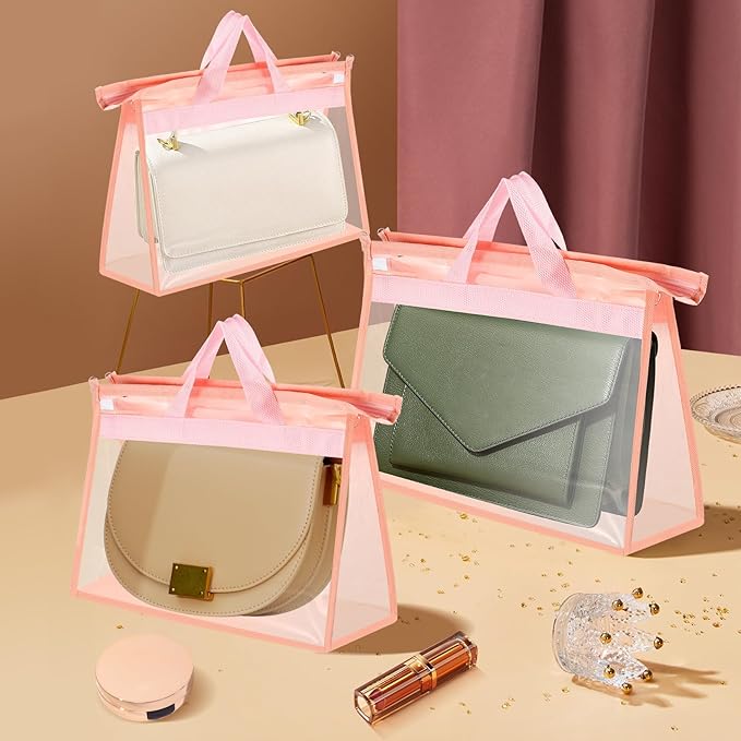 9 Pack Dust Bags for Handbags,Clear Handbag Storage Organizers,3 Sizes Purse Storage Organizer for Closet,Purse Cover Hanging Closet Organizer with Zipper,Handles and Hooks(Pink)