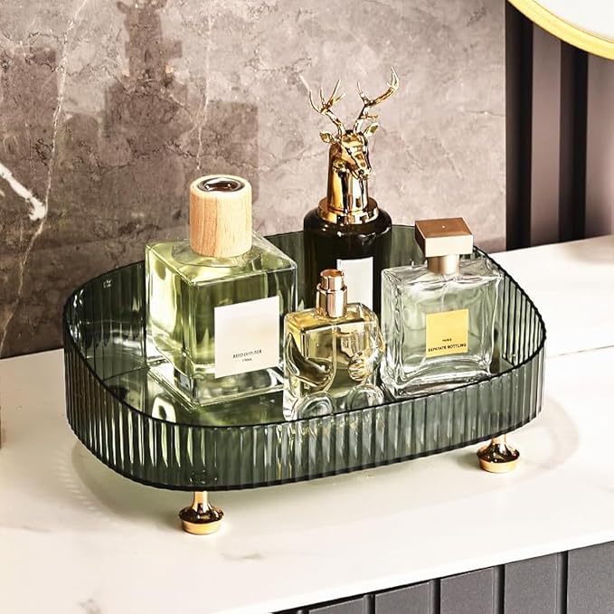 Makeup Perfume Organizer, Vanity Tray, Cosmetic Skincare Organizer, Countertop Organizer Tray for Bathroom Vanity Dresser Table, Green