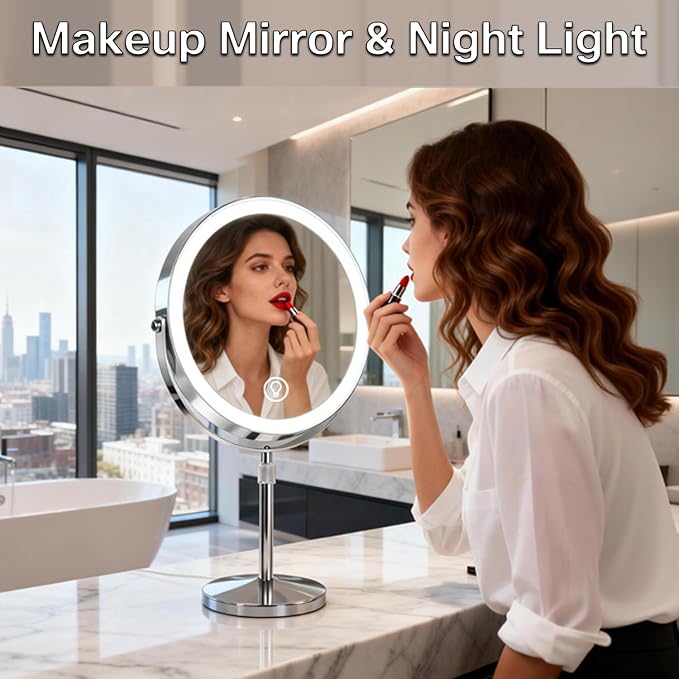 Rechargeable LED Makeup Mirror with Lights, 10X Magnifying Mirror, Touch Control 3 Color Modes, 360° Rotation & Height Adjustable Make Up Mirror with Lights