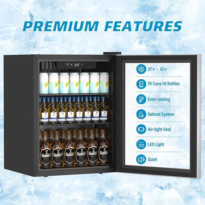 Compact Beverage Refrigerator,76 Can/1.7 Cubic Feet Fridge with Glass Front Door for Soda, Beer or Wine, Under Counter Small Refrigerator with Adjustable Shelve & Digital Display