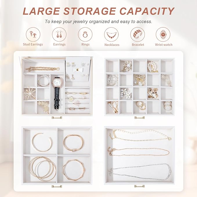 Jewelry Organizer Box, Women Jewelry Box White Jewelry Case 3-Layer with 3 Drawers, Jewelry Boxes for Women Jewelry Organizer, White