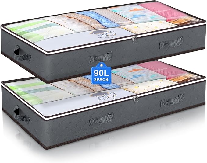 90L Under Bed Storage Containers, Underbed Toy Organizers and Clothing Storage Bags, Closet Storage Bins with Clear Lids for Bed Sheets Blanket Clothes Comforter Bedding Bedroom Dorm, 2 Pack