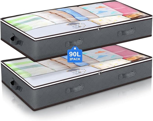 90L Under Bed Storage Containers, Underbed Toy Organizers and Clothing Storage Bags, Closet Storage Bins with Clear Lids for Bed Sheets Blanket Clothes Comforter Bedding Bedroom Dorm, 2 Pack