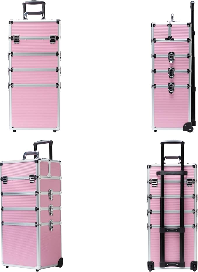 Makeup Rolling Train Case - Professional Cosmetics Organizer with Aluminum Frame, Folding Trays & Wheels, Portable for Travel & Studio (Pink)