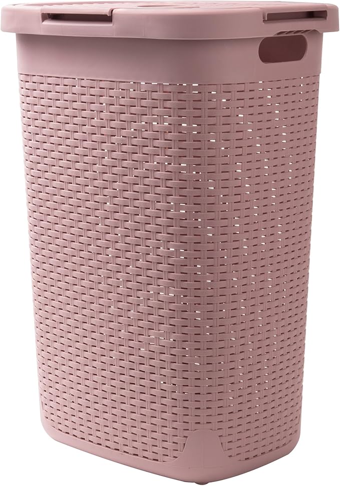 Mind Reader Slim Laundry Hamper with Lid, 60L Clothes Basket, Premium Wicker Design, Plastic, Pink