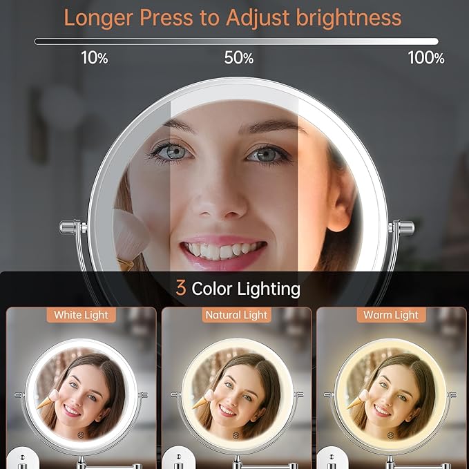 FUNTOUCH 5000mAh Rechargeable Wall Mounted Lighted Makeup Vanity Mirrors, Double Sided 1X 30X Magnifying, 3 Color Lighting, Touch Screen Dimming, Extended Arm 360 Rotation Shaving Bathroom Mirror