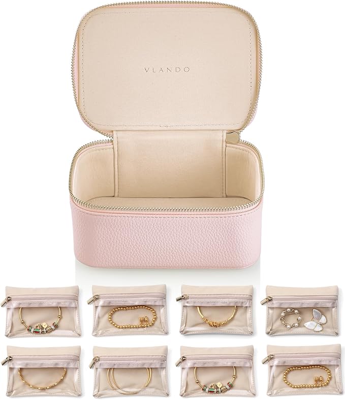 Vlando Jewelry Travel Case,Valentines Gifts for Her,Travel Jewelry Organizer with Clear Velvet Jewelry Bags 8Pcs Zipper Pouch for Women Girl Gift-Pink