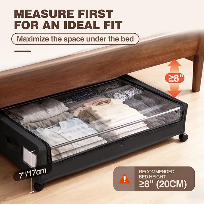 Under Bed Storage with Wheels, 2 Pack Under bed Storage Containers, XXL 60L Rolling Under Bed Drawers on wheels for Clothes, Shoes, Blankets in Bedroom, Dorm, Black