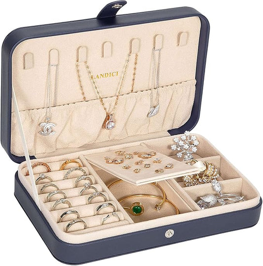 LANDICI Small Jewelry Box for Women Girls, PU Leather Travel Jewelry Case, Portable Jewelry Organizer Storage Holder Display for Ring Earrings Necklace Brooch Men Kids Gift, Dark Blue