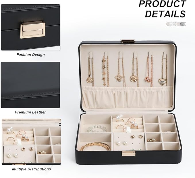Jewelry Box Travel Jewelry Organizer Case for Women | Portable Storage for Earrings, Necklaces, Rings, Bracelets Gift Ready Box Black