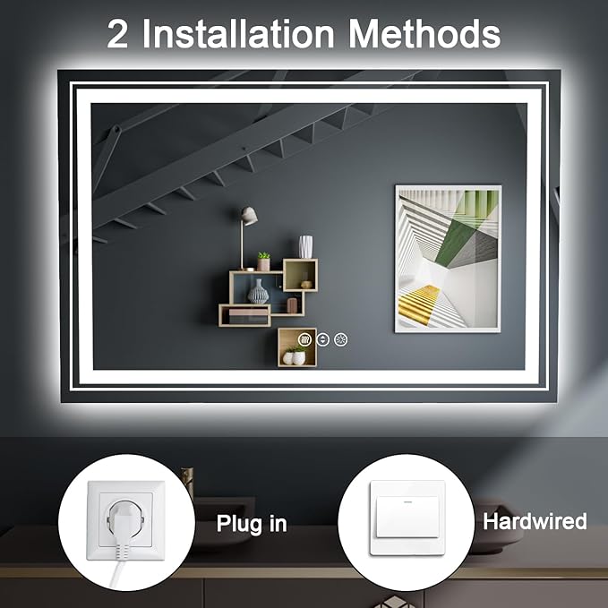 LED Bathroom Mirror, 60"X24" with Front and Backlit, Anti-Fog, Large Bathroom Vanity Mirror for Wall, Memory Function, Stepless Dimmable, Tempered Glass (Horizontal/Vertical)