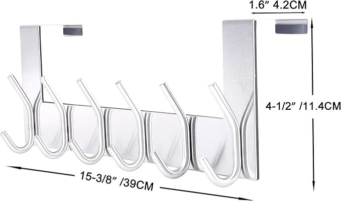 SKOLOO Over The Door Hook - 6 Hooks, No Assembly Required, Stainless Steel Door Hooks, Over Door Coat Rack for Hanging Coats Clothes Hats Robes, Silver, Pack of 2
