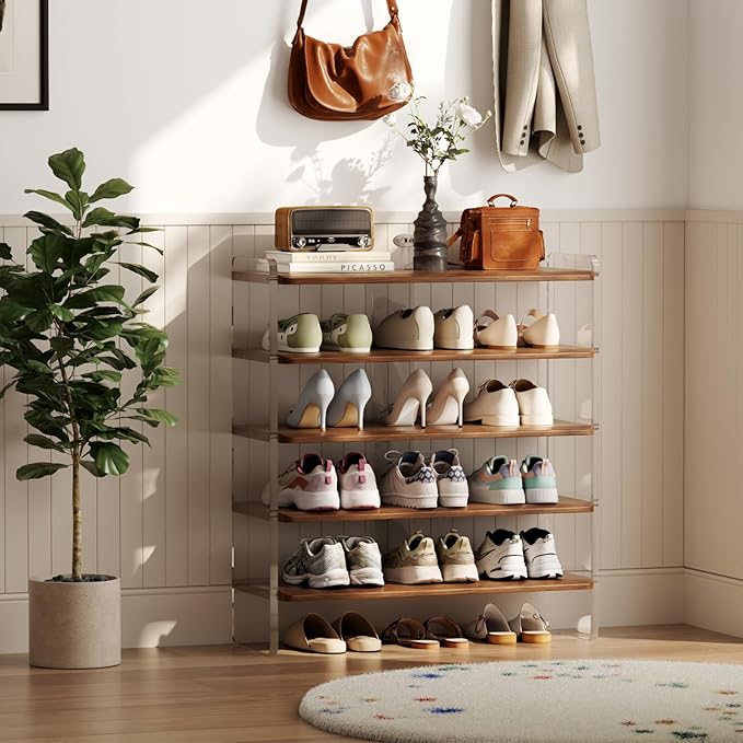 Free Standing Shoe Rack, Closet Shoe Storage Shelves for Entryway Small Space, Garage & Living Room, Wooden Shoe Stand, 5-Tier Modern Shoe Organizer, Solid Wood & Acrylic Frame with Top Shelf