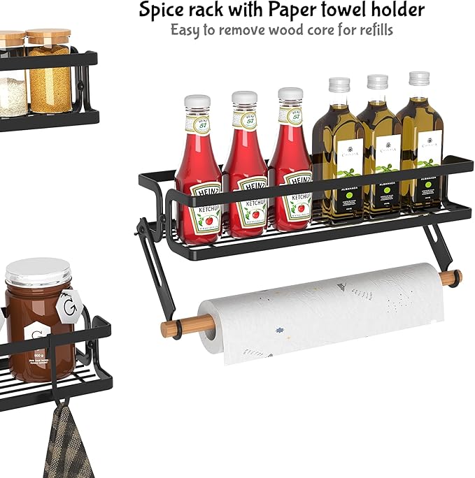3 Pack Spice Rack Wall Mount With Paper Towel Holder and Hooks, Screw or Adhesive Hanging Spice Shelf,Space Saving Spice Organizer for Seasonings, Spice Racks for Stove,Cabinet, Pantry Black