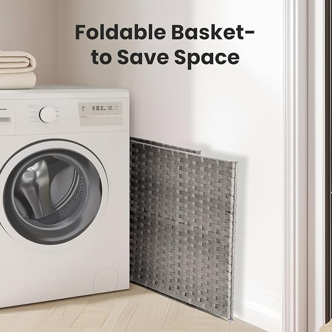 90L Laundry Hamper with Lid, Hand-Woven Pp Rattan Laundry Basket with Compartments & Handles, Removable Liner Bags,Foldable, Narrow Dirty Clothes Basket, Grey