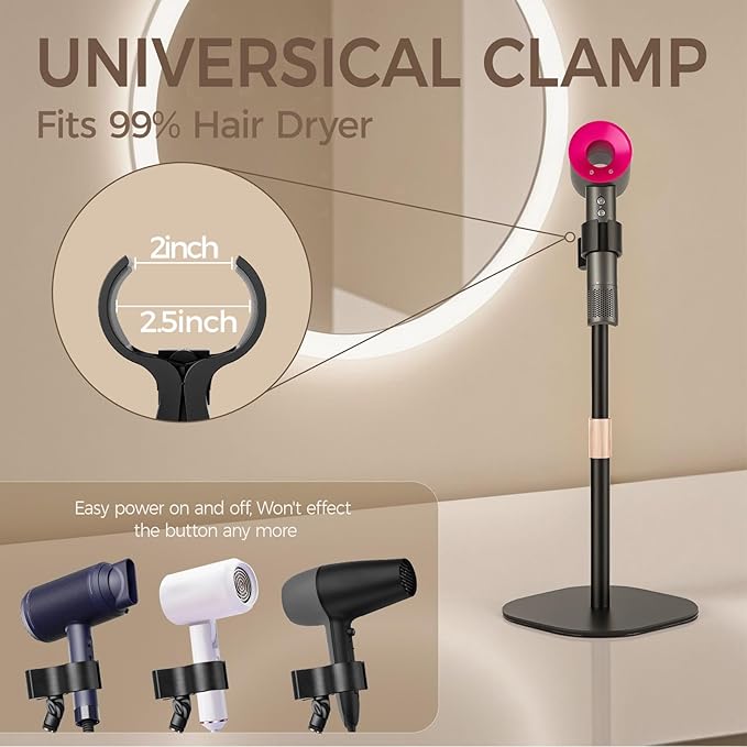 Hair Dryer Stand Holder, Hands Free Hair Dryer Stand with 360 Degree Rotating, Height Adjustable Countertop Blow Dryer Holder, Drubale Dryer Stand Works for 99% Blow Dryer